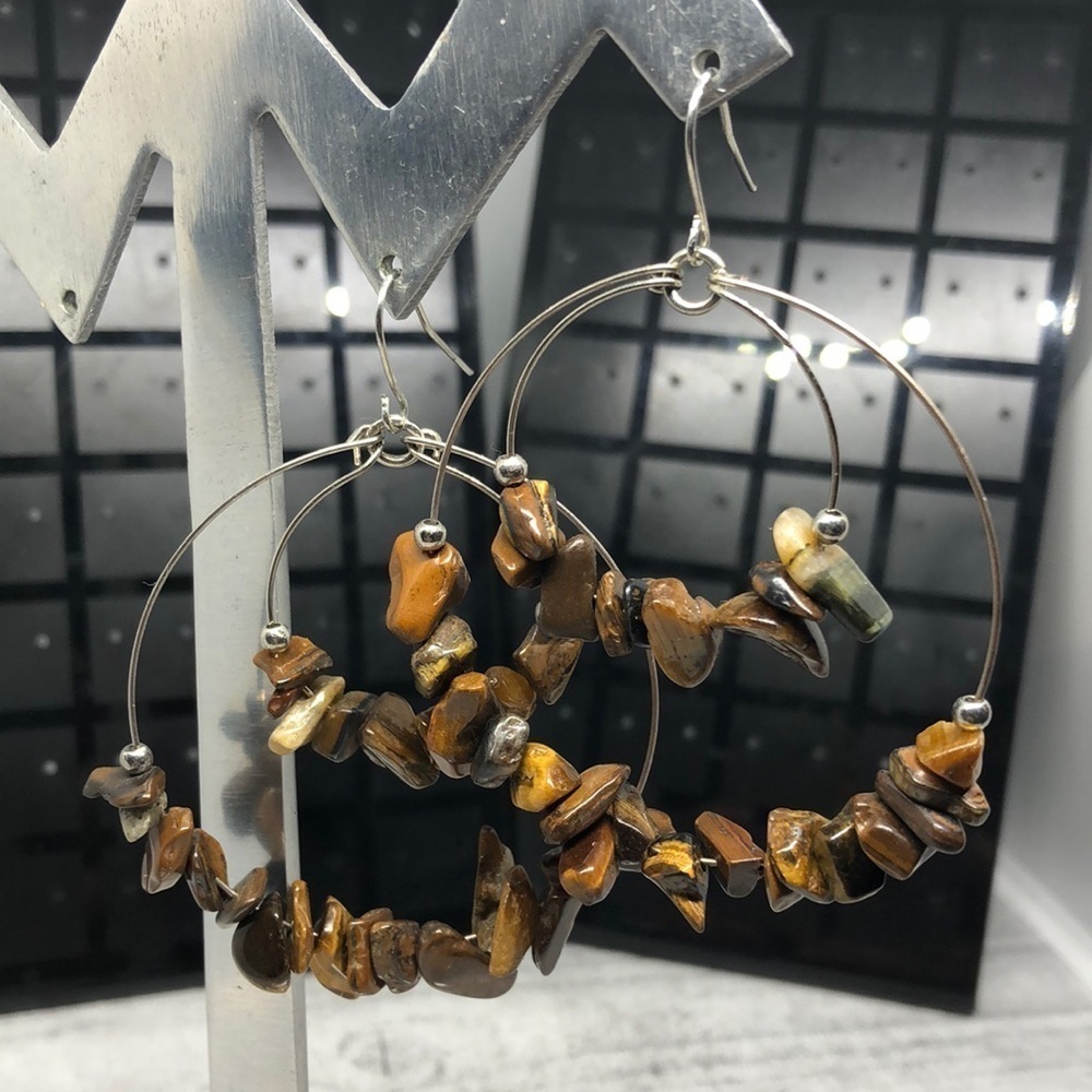 Artisan boho statement tiger's eye bead earrings wire hoops dangle drop.